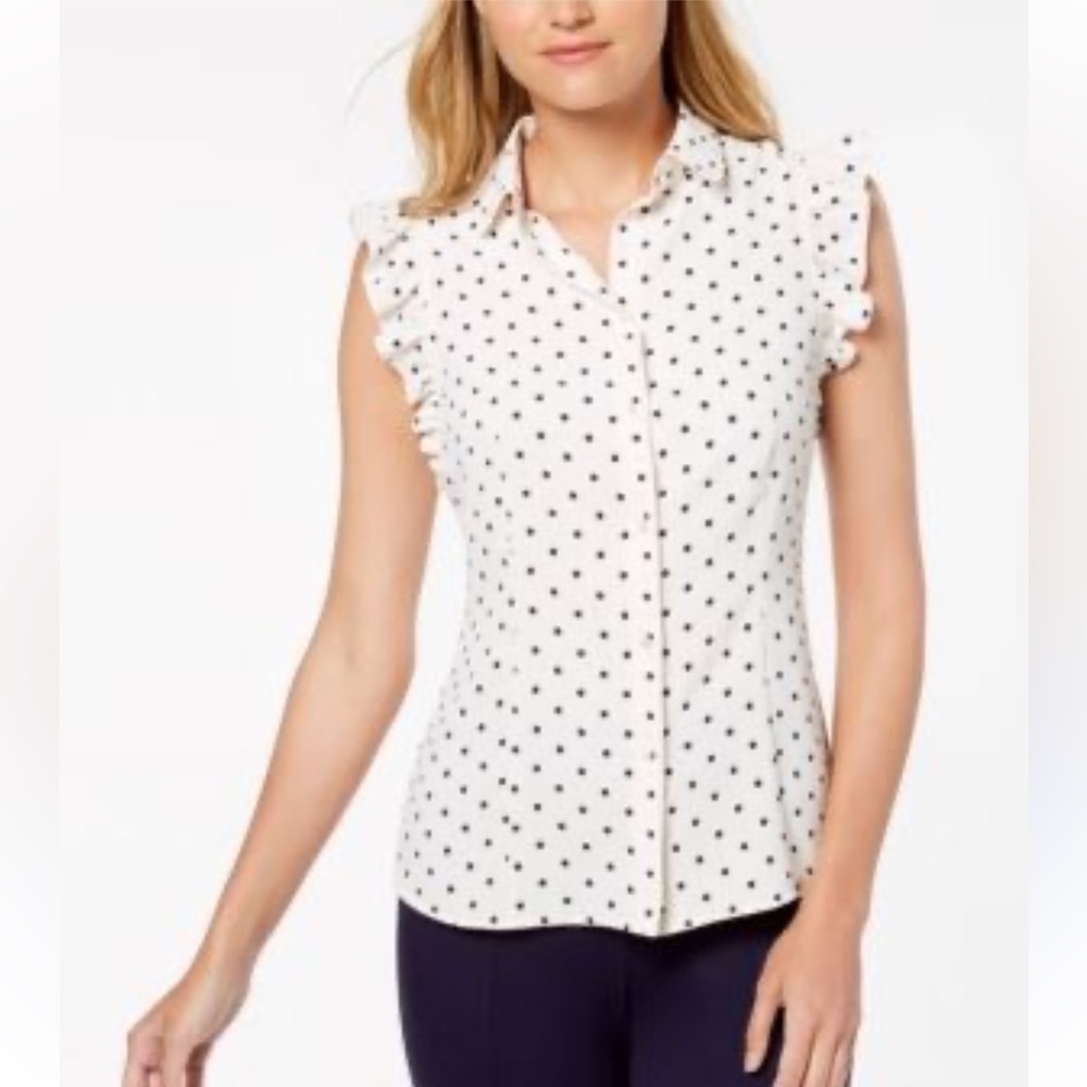 Anne Klein Womens White Ruffled Sleeve Polka Dot Top Blouse Shirt